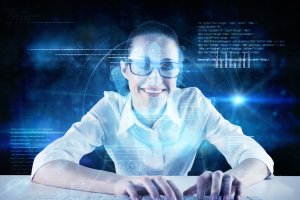 Businesswoman typing on a keyboard against digital security hand print scan
