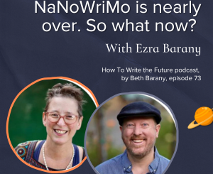 Navy Blog Image for NaNoWriMo is nearly over. So what now? With Ezra Barany with picture of Beth Barany and Ezra Barany