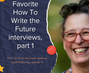 Navy background with image of Beth Barany for Blog Post Image - Favorite How To Write the Future
