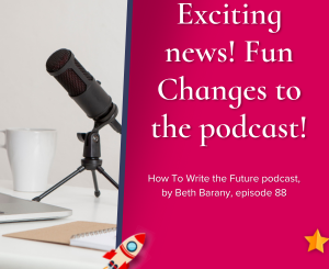 Bright dark pink background with exciting news! fun changes to the podcast!