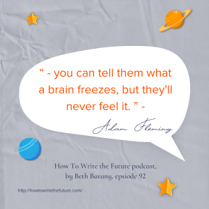Quote from pale background with picture of Beth Barany and Adam Fleming for Creative Writing and AI