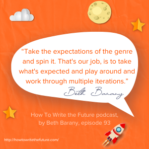 Orange background with quote from Know Your Genre and Characters with a white speech bubble