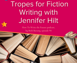 Pile of books with dark background for Tropes for Fiction Writing with Jennifer Hilt