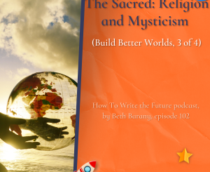 Hands holding the world, bright orange background for The Sacred: Religion and Mysticism (Build Better Worlds, 3 of 4)