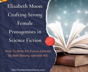 Image of a book with lights and stars coming out of it for Elizabeth Moon: Crafting Strong Female Protagonists in Science Fiction